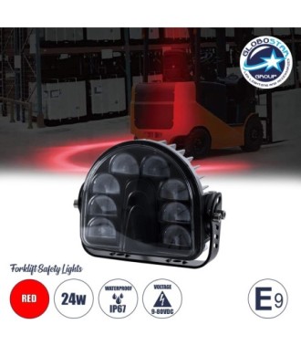 GloboStar® 85423 E9 Mark Forklift Safety Lights - Φώτα Προειδοποίησης & Διαγράμμισης Ασφαλείας για Περονοφόρα - Κλάρκ LED 24W DC 9-80V Αδιάβροχο IP67 Κόκκινο Μ14 x Π14.5 x Υ6cm
